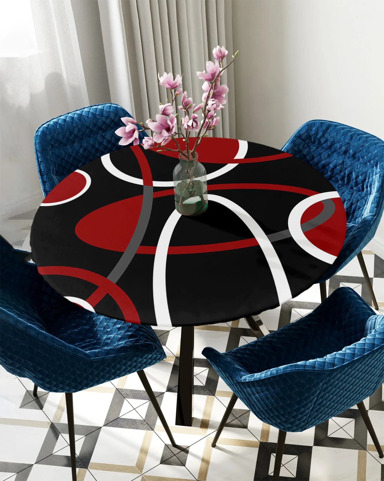 

Red Black Geometric Abstract Lines Round Tablecloth Waterproof Table Cover Home Decoration Dining Room Elastic Tablecloth