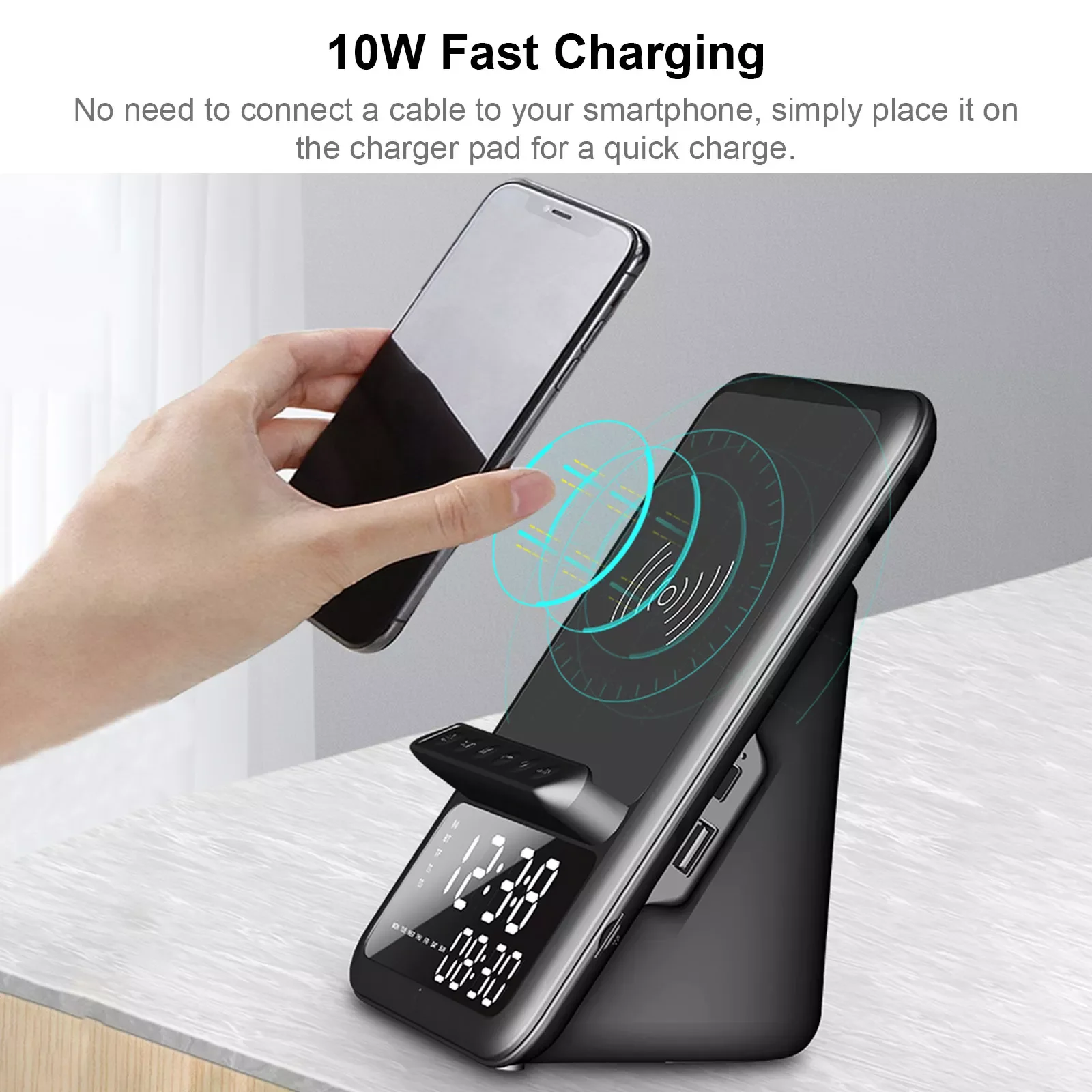 Bluetooth Speaker with Mic Wireless Charger Fast Charging Phone Stand Holder Alarm Clock Time Display Support TF Music Player enlarge