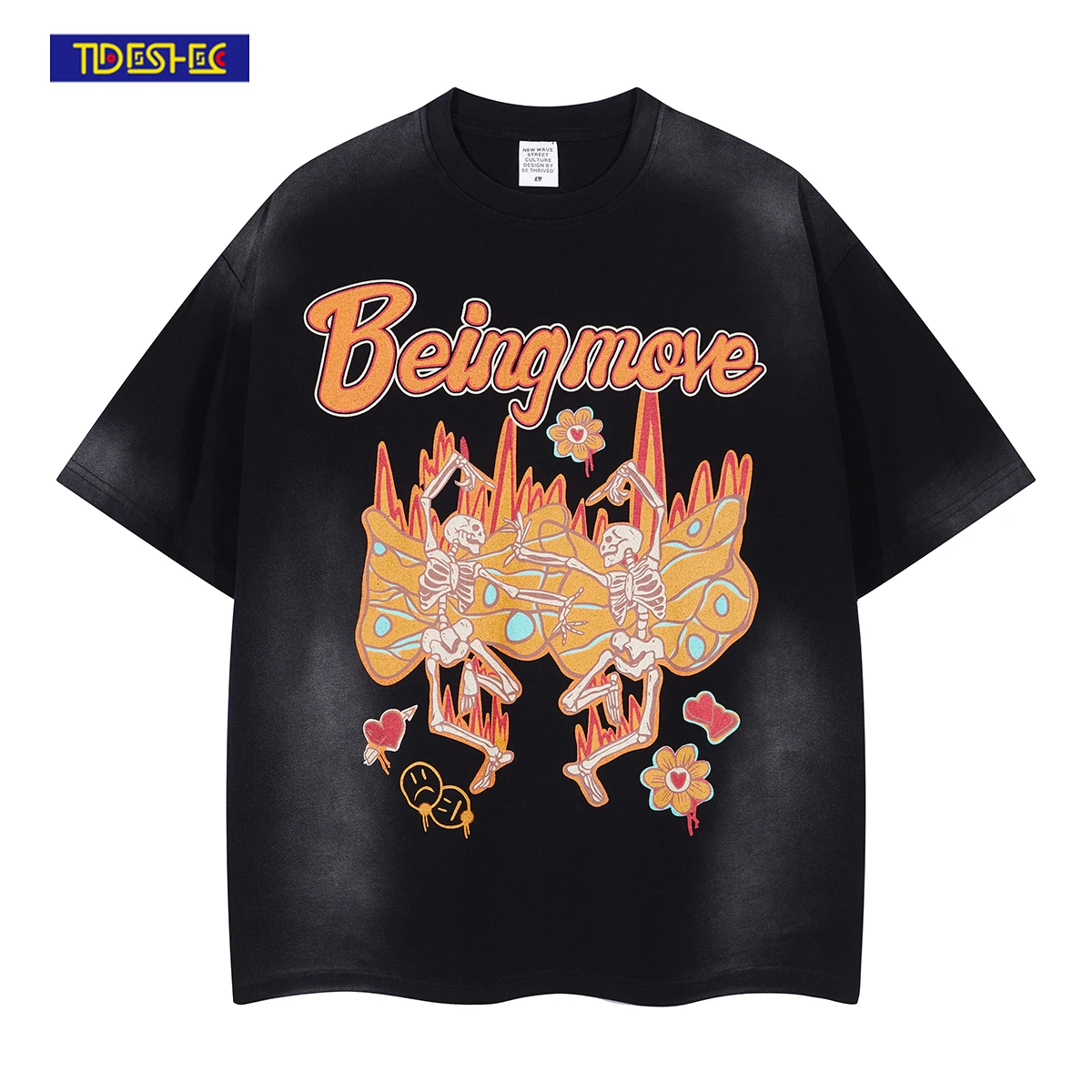 

Vintage T-Shirt Men America Funny Skull Dancing Printed T Shirt Cotton Oversize Hip Hop Streetwear Men Washed 2022 Tie Dye Tee