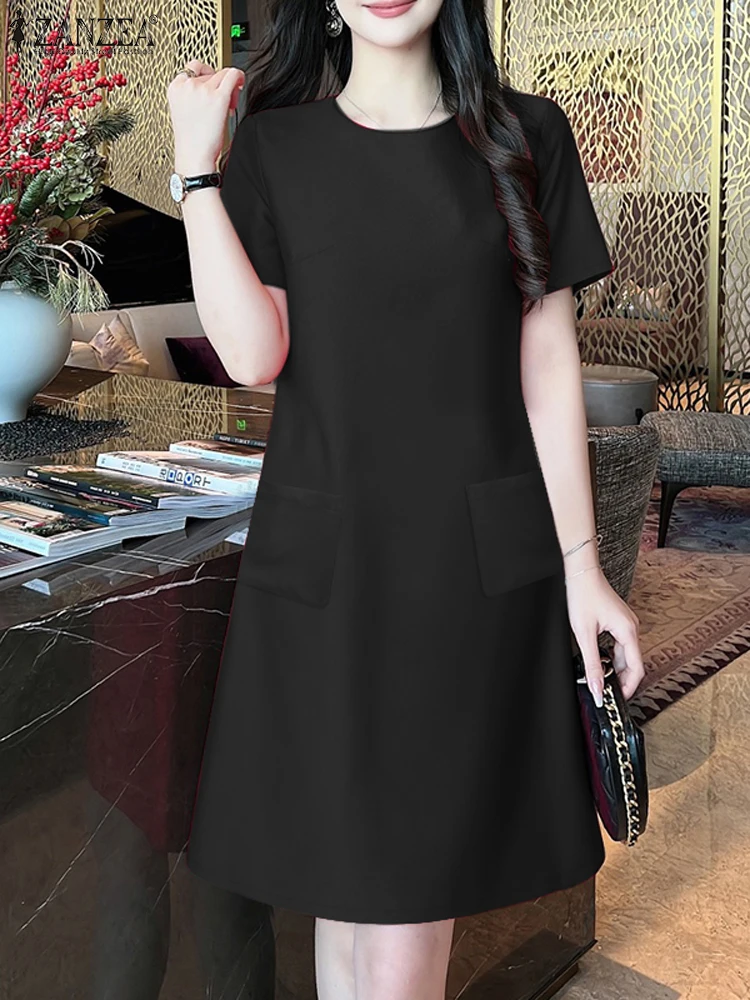 ZANZEA 2024 летний однотонный сарафан длиной до колена женский элегантный