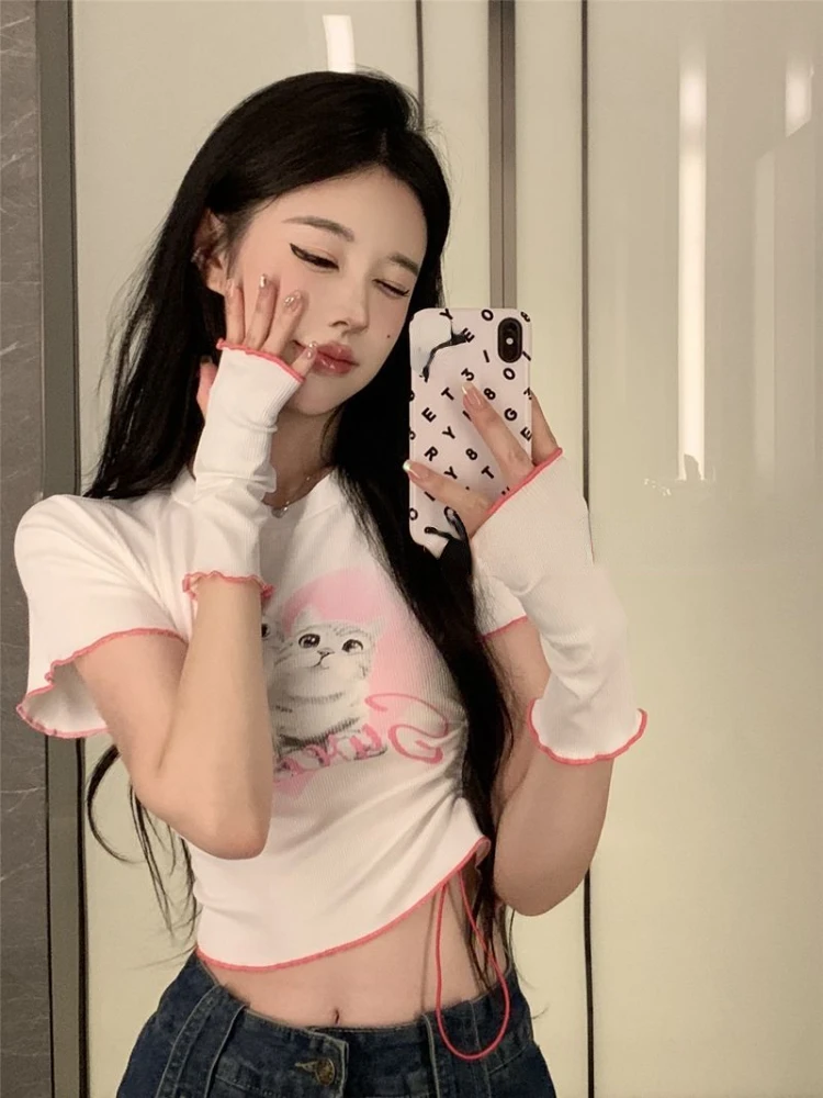 

Футболка женская с принтом кошки, эстетичный кроп-топ в стиле Харадзюку, Облегающая рубашка с коротким рукавом, Y2k Kpop, на лето