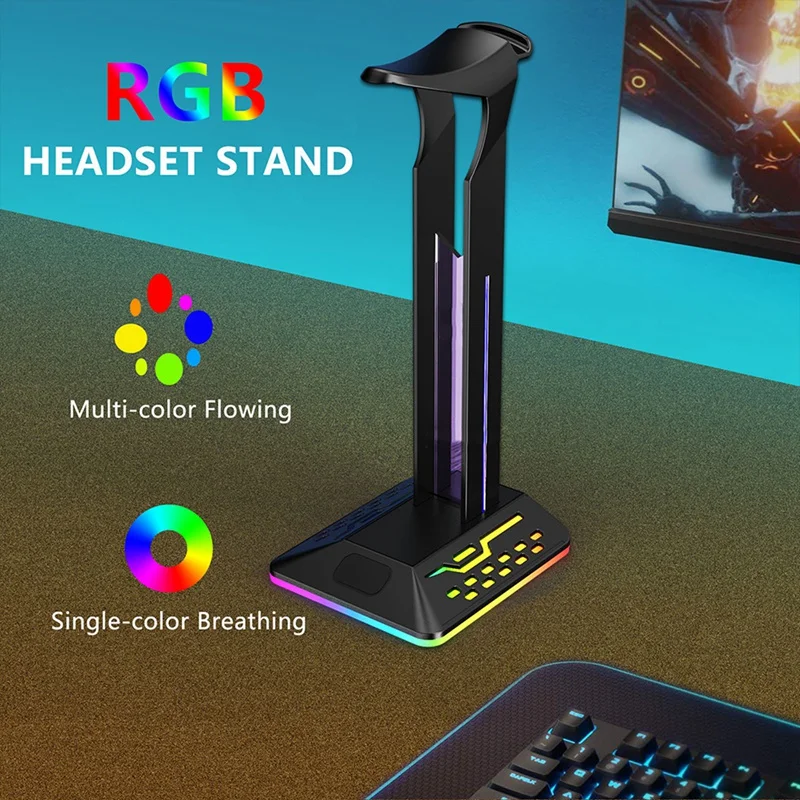 RGB Headset Holder 7 Color Gaming Headphone Stand Type-C 2 USB Ports For Gamers PC Accessories Desk