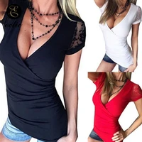wrap shirt open chest top lace mesh embroidery short sleeve deep v neck t shirt plunge bodycon shirt women solid
