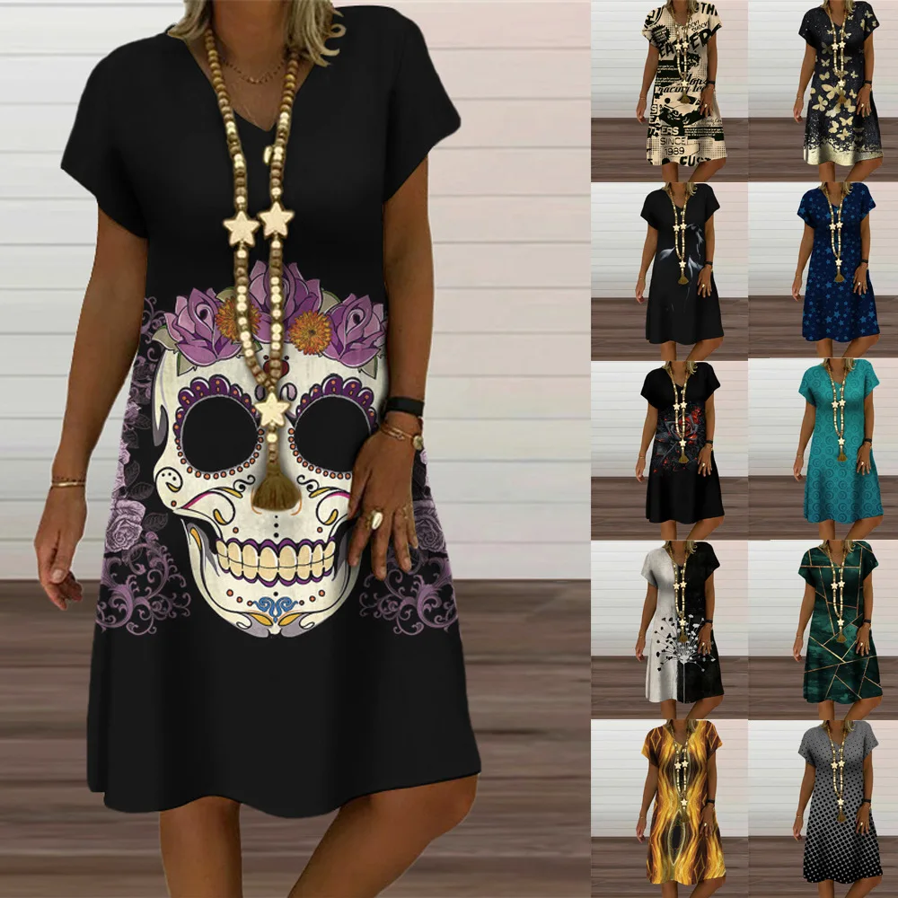 

women's new year print v neck short sleeve dress