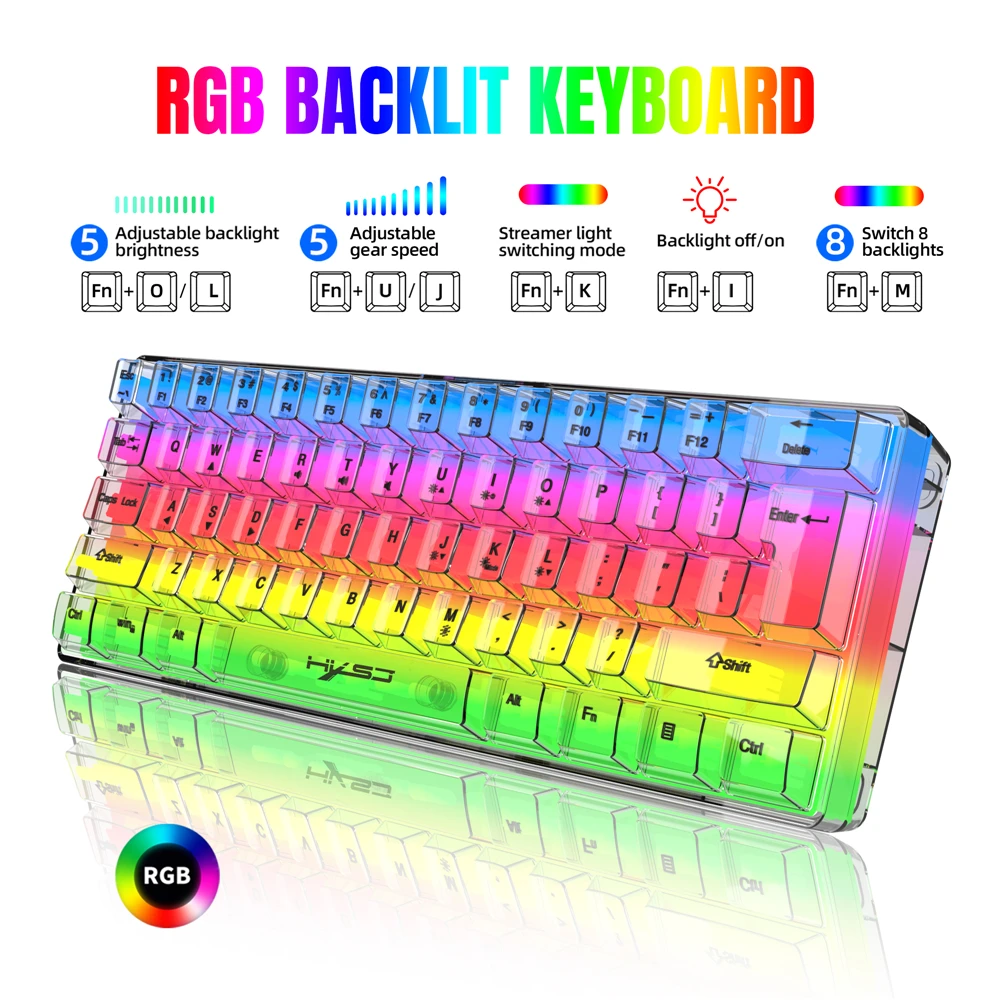 

HXSJ V700 Wired Gaming Keyboard,RGB Backlit Ultra-Compact Small Keyboard, Mini Compact 61 Keys Keyboard，Transparent Color