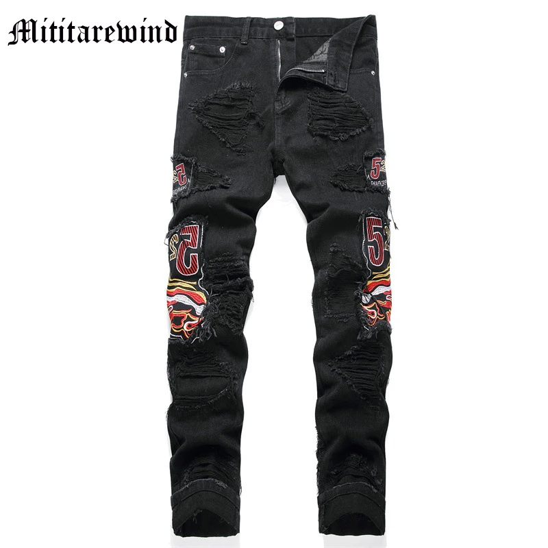 

Джинсы мужские стрейчевые, уличная одежда, рваные джинсовые брюки с вышивкой в стиле High Street, винтажные стройнящие штаны с усами, Y2k