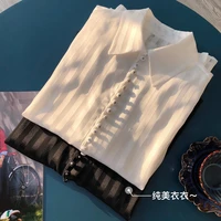 sexy club new 2022 full sleeve thin see through shirt women blouse high quality v neck striped vintage top back white