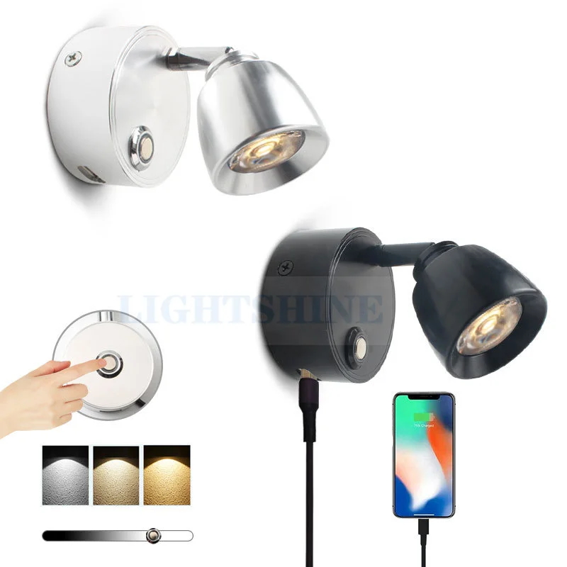 12v 3W Touch Dimmed RV Lamp Home Bedside Reading Lamp With USB Charging Port 10-30vdc