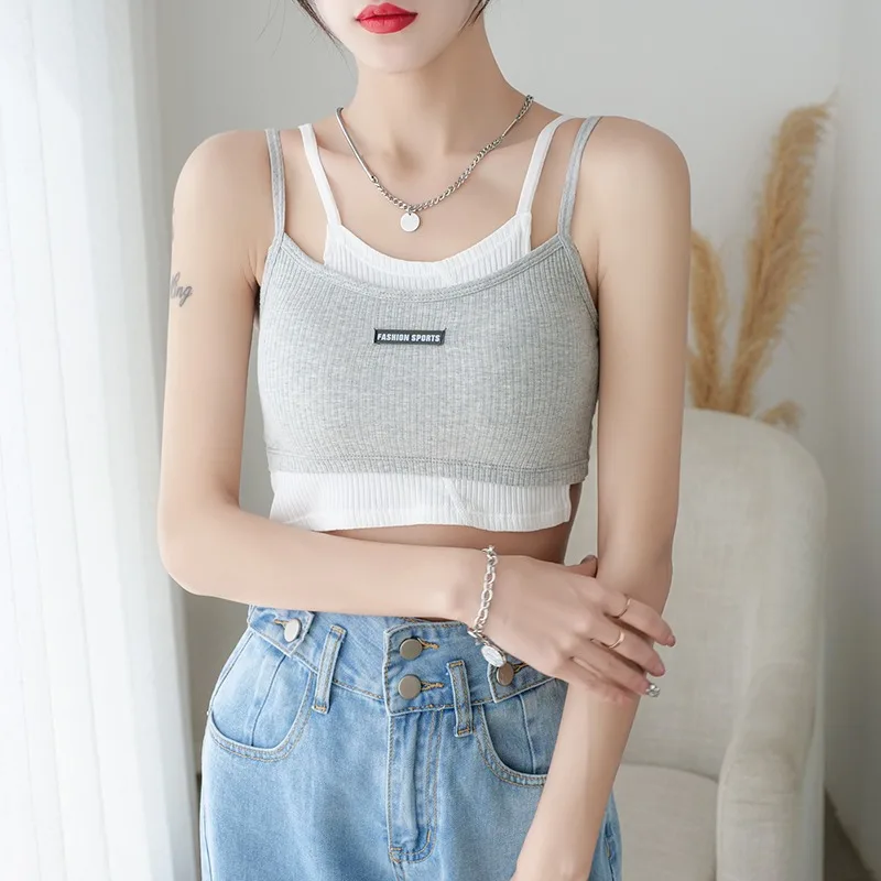 

Threaded cotton chest pad camisole women's 2022 summer new navel-exposed blouse