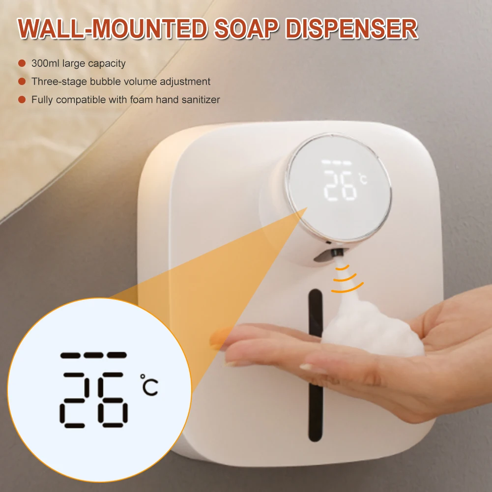 

Wall Mounted Automatic Soap Dispenser LED Temperature Display USB Rechargeable Touchless Infrared Hand Sanitizer Dispenser