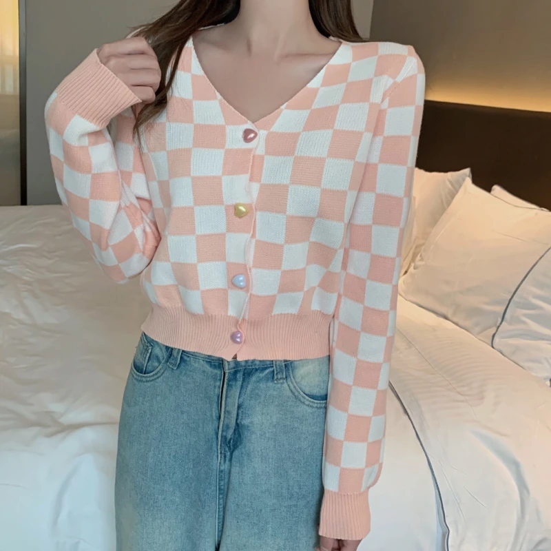 

Женский трикотажный кардиган в клетку Estceque, приталенный винтажный вязаный розовый кардиган с V-образным вырезом и длинными рукавами, весна-...