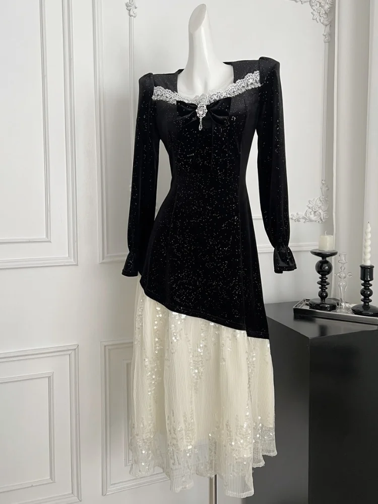 SMTHMA женские бархатные вечерние платья с квадратным вырезом и длинными рукавами