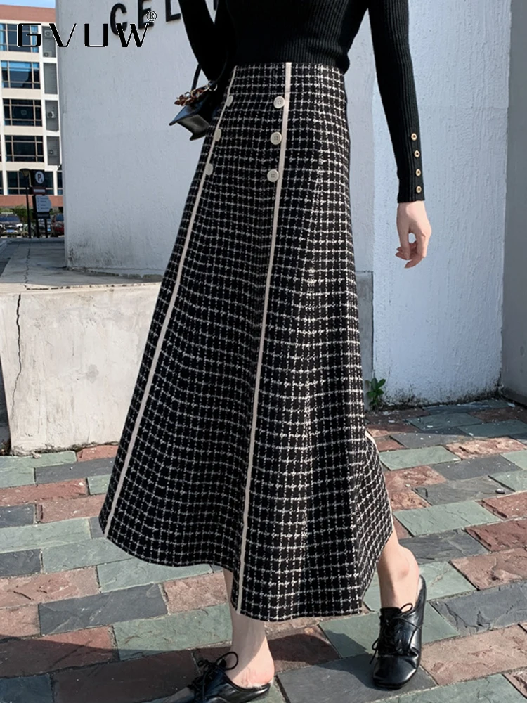 

GVUW Black Plaid Knitted Skirt For Women 2023 Autumn new High Waist Medium Length Buttock Wrapped Umbrella Skirts Female 17G2478