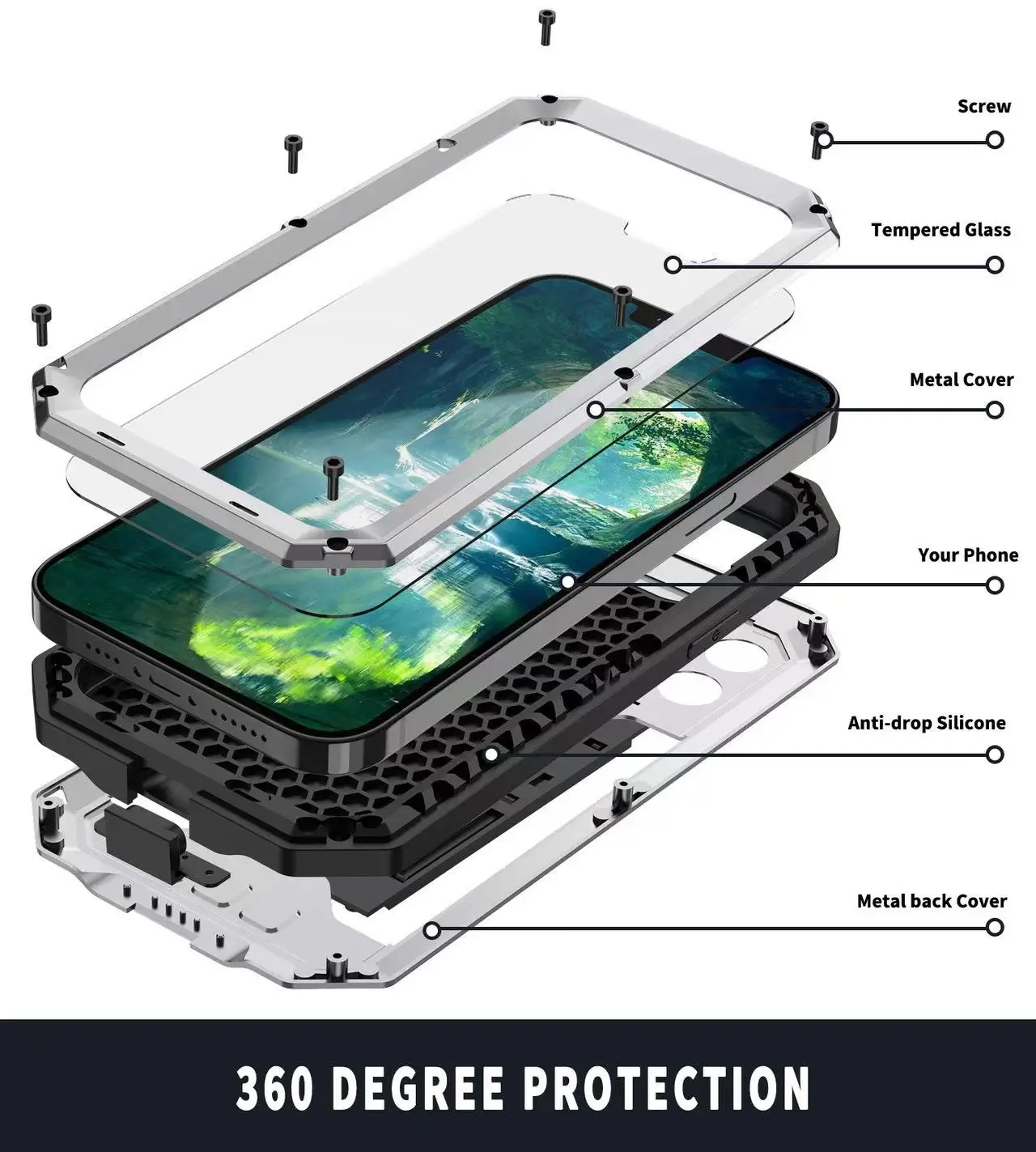 Фото Противоударный металлический чехол для iPhone 14 15 16 17 Pro Max Plus с выдвижной защитой камеры и встроенной защитой экрана, гибридный чехол на весь корпус №2