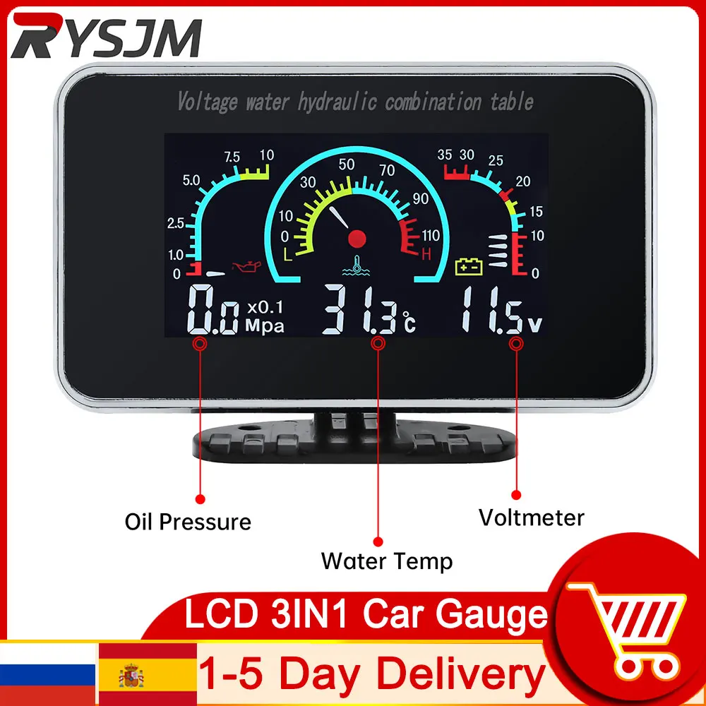

12 В 24 В Измеритель температуры воды с датчиком 10 мм 1/8 NPT Датчик давления масла Манометры Вольтметр 3в1 ЖК-дисплей Автомобильный цифровой измеритель