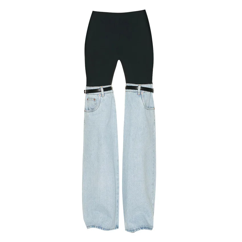 

Design Sense American Spliced Jeans 2023 Spring New High Waist Straight Leg Wide Leg Advanced Personalized Unique Pants