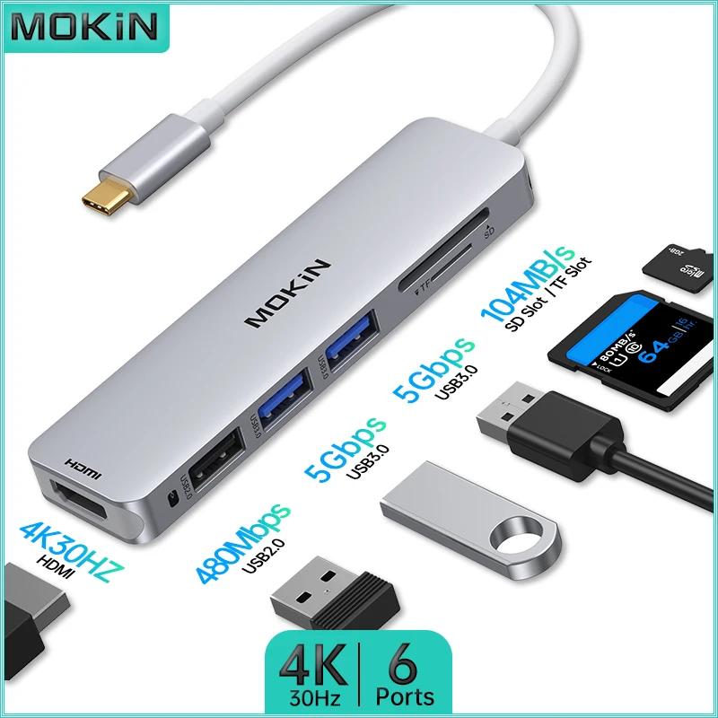 

Док-станция MOKiN 6 в 1 для MacBook Air/Pro, iPad, ноутбука Thunderbolt — USB2.0, USB3.0, HDMI 4K30 Гц, SD, TF — универсальный концентратор