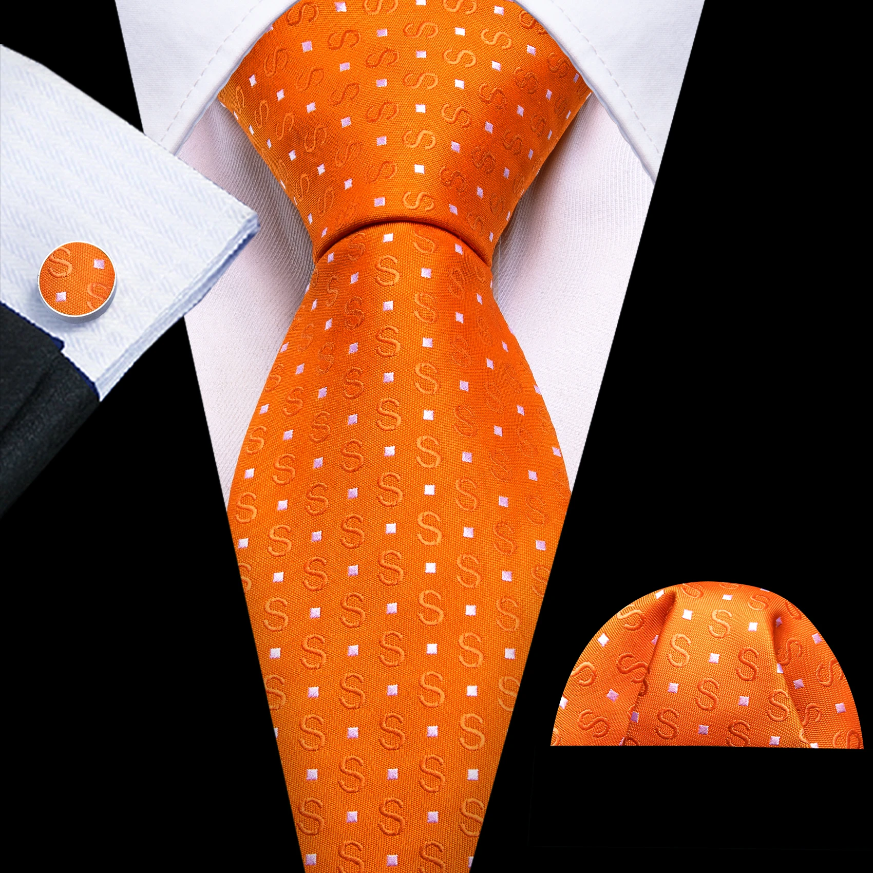 Novelty Orange "S" Shape Tie For Men Fashion Silk Handkerchief Cufflinks Set Groom Wedding Party Birthday Designer Barry.Wang
