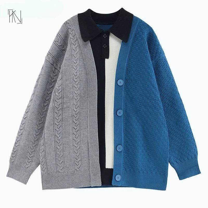 

Blue Paneled Polo Neck Preppy Sweater Women's Fall/winter 2022 New Design Sense Loose Long-sleeved Knit Top Woman