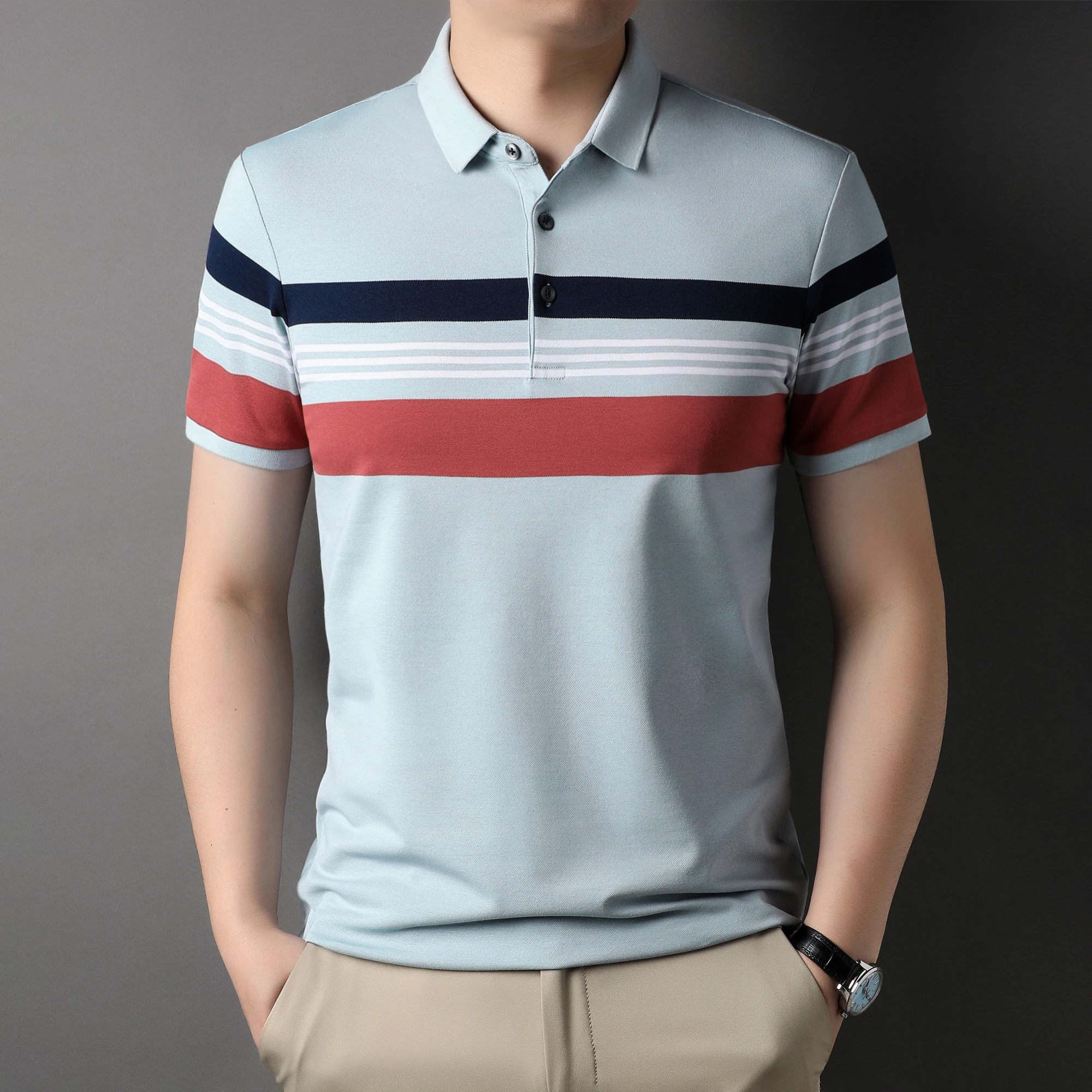 

Light Luxury Fashion Stripe Short Sleeve POLO Shirt Men's Summer Mercerized Cotton Breathable Comfortable T-shirt Casual Men's