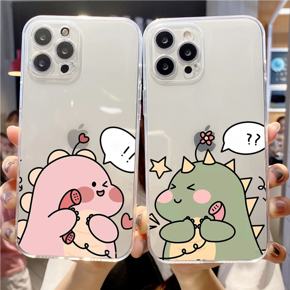 

Funny Cartoon Dinosaur Clear Case for iPhone 14 13 12 11 Pro Max X Xs Max XR SE 2020 8 7 6s Plus Soft Cover for Lover Couple