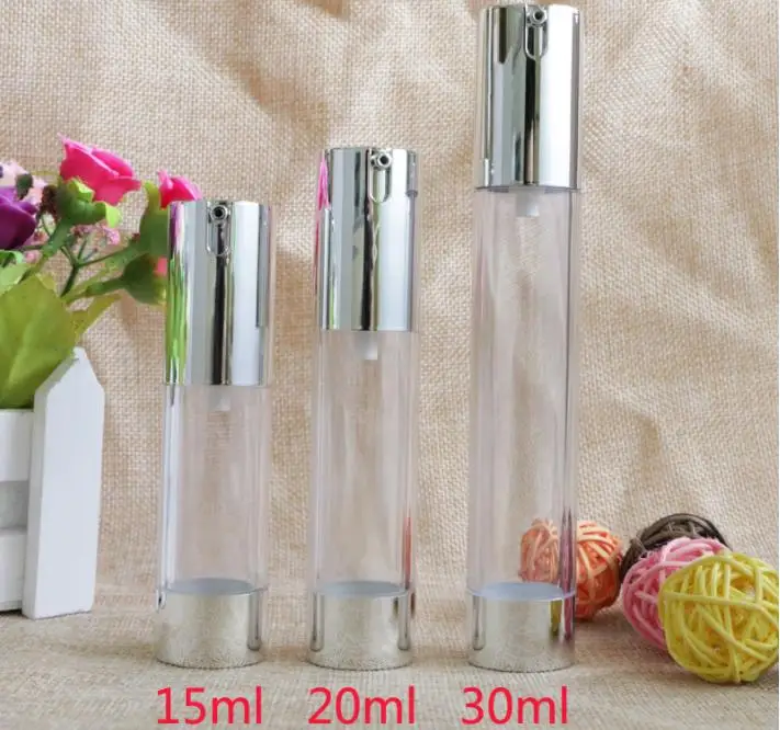 

100pcs 15ml 20ml 30ml Empty Airless Pump Bottles Silver Mini Portable Vacuum Cosmetic Treatment Pump Travel Bottle SN910