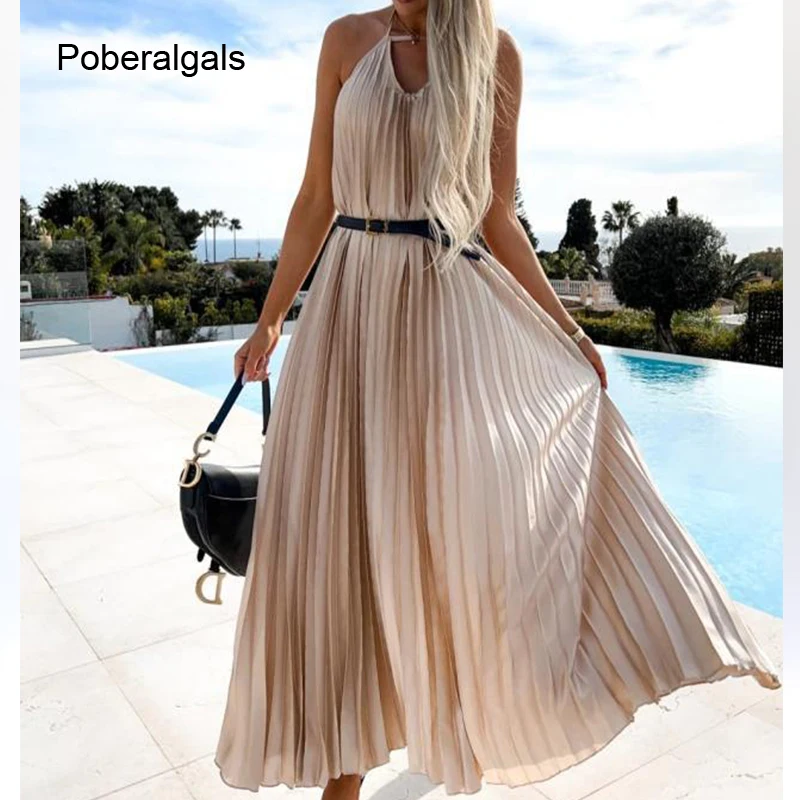 

Элегантное модное пляжное летнее женское платье в стиле бохо, плиссированные платья на бретельках, новинка 2022, однотонное длинное платье с ...