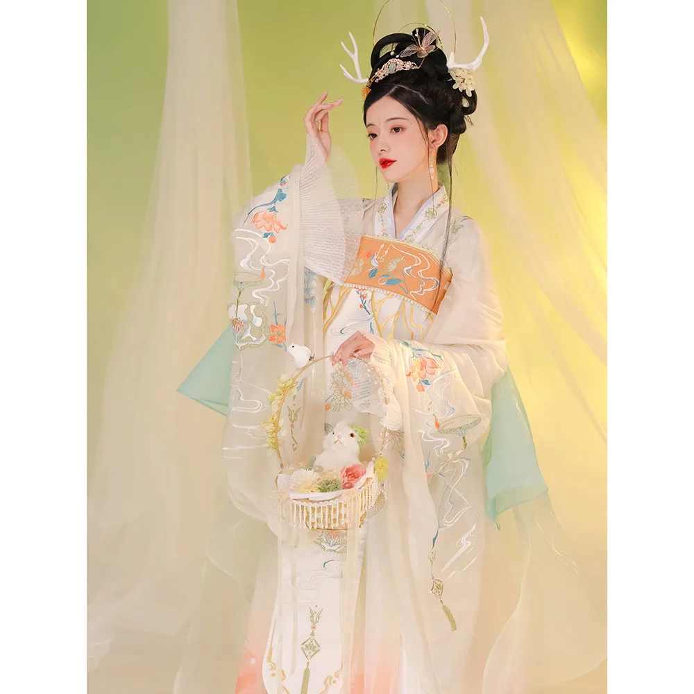 

LiuYanXiLeng Original Tang Dynasty Princess Hanfu Dress Women 2 Colors Sweet Embroidery Large Sleeve Hanfu Dress 2022 Spring New
