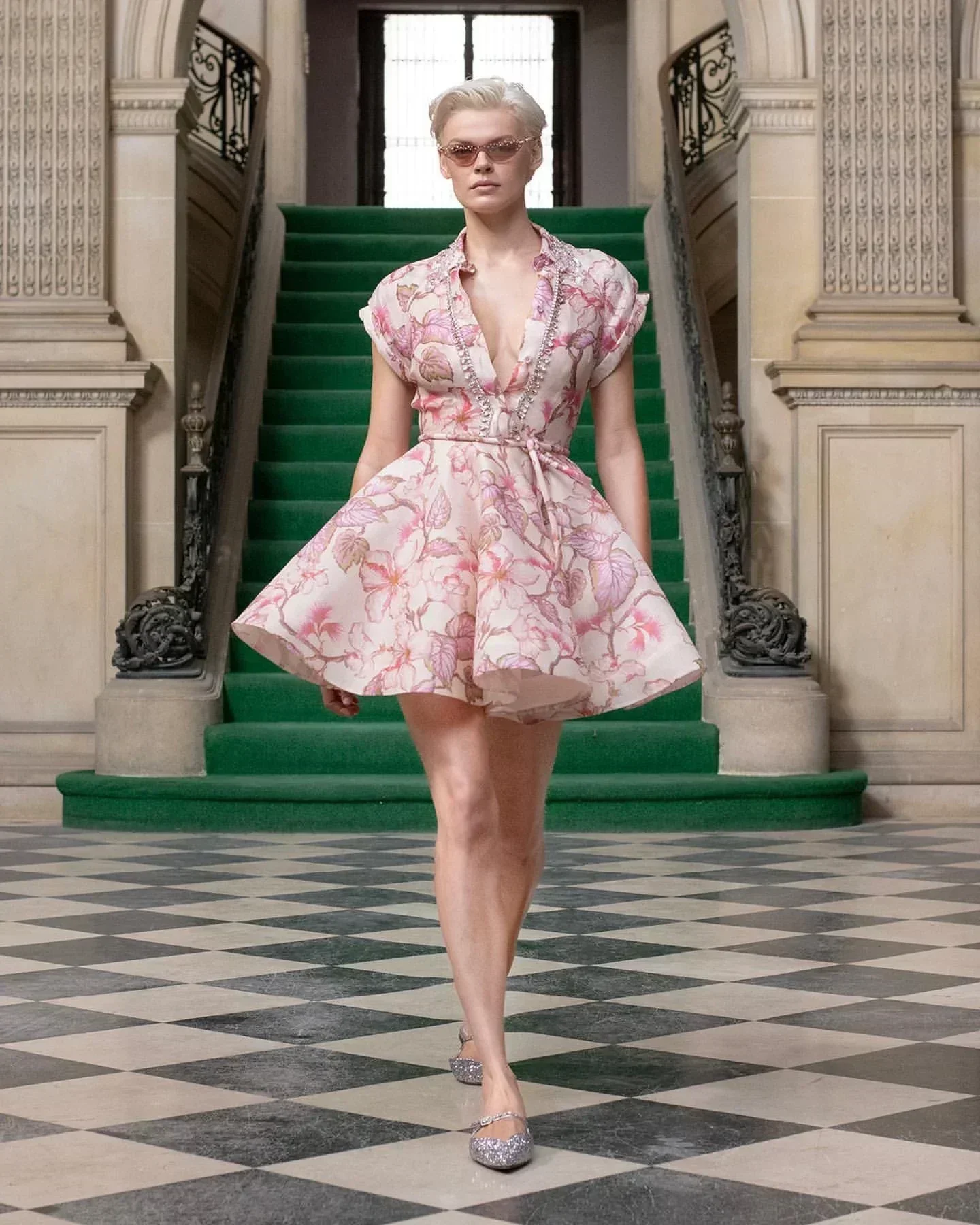 

Pink 2023 New Linen Silk Summer High Quality Floral Print Elegant Vintage Belt Woman Mini Princess Dress