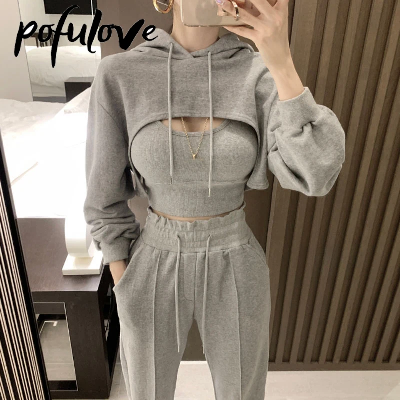 

Женские толстовки + подтяжки + повседневные брюки из трех предметов ультракороткая толстовка с капюшоном повседневные леггинсы брюки подтя...