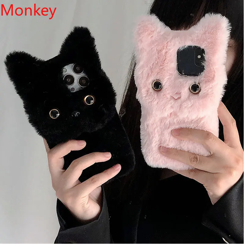 3D Cute Plush Cat Case For OPPO A17K A16 A15 A95 A94 A93 A74 A54 Find X5 X3 X2 A5S A3S F17 F11 F9 F7 Furry Fluffy Fur Soft Cover