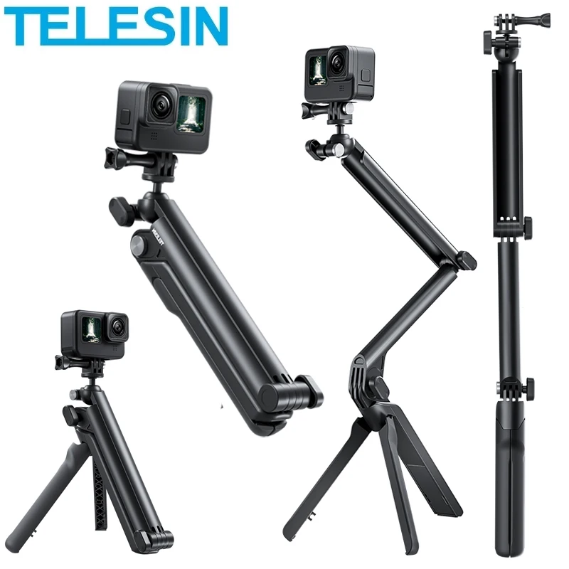 TELESIN 3 ways Selfie Stick with Tripod Hand Grip Pole for iPhone 14 13 GoPro 11 10 Insta360 X3 DJI Action 2 3 Camera Accessory