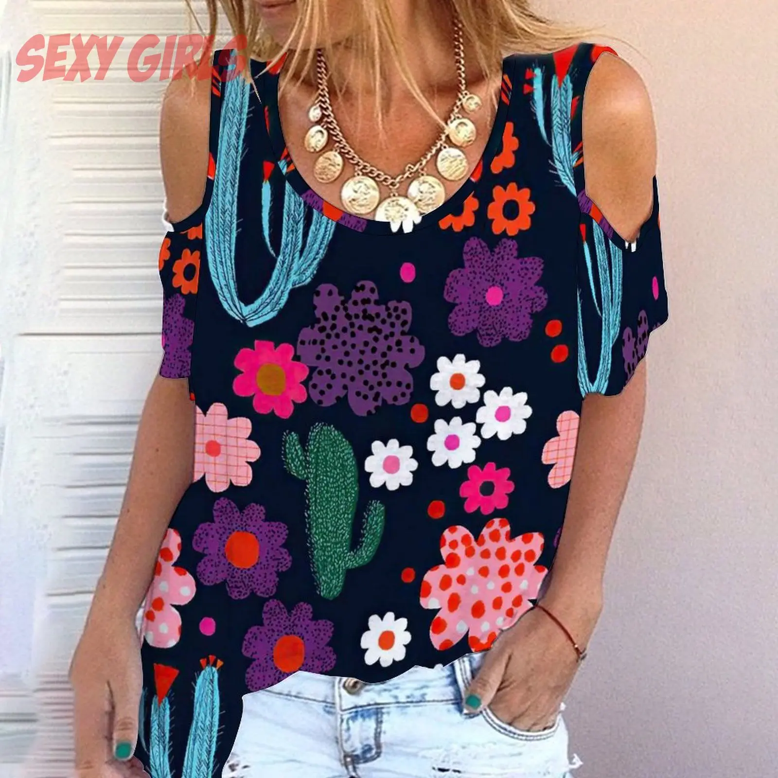 

2023 Hot Floral Women Fashion T-shirt Off The Shoulder T-shirts Women Top Short Sleeve Tee Top Summer Tshirt Sexy Oversized Tees