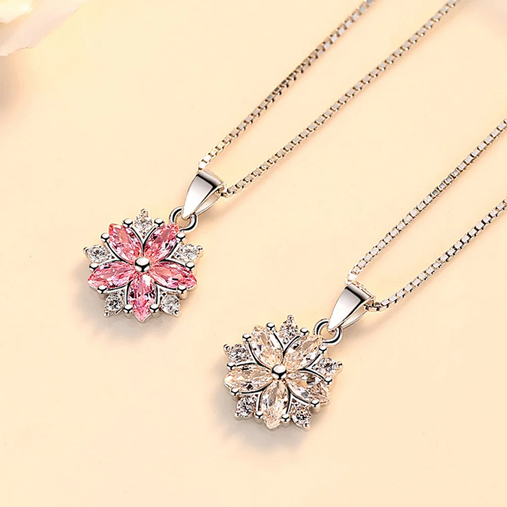 

Women's 925 Sterling Silver White Pink Snowflake Zircon Crystal Pendant Necklaces Wedding Party Luxury Jewelry Free Shipping