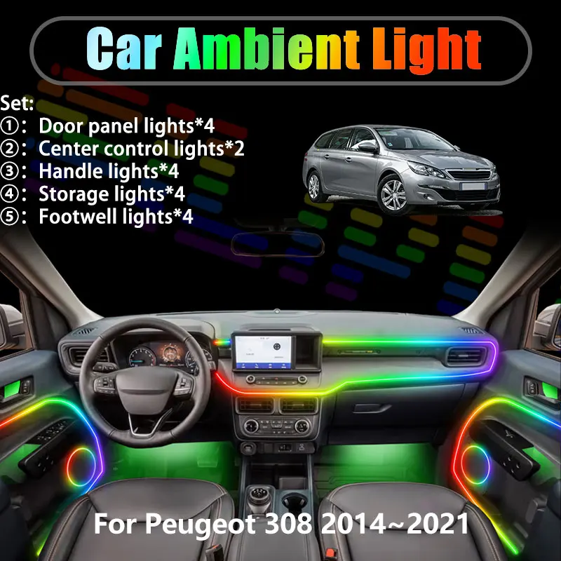 Фото Для Peugeot 308 2014~2021 S T9 MK3 2015 2/18 в 1: Комплект светодиодной подсветки салона и багажника USB RGB с эффектом потока №1
