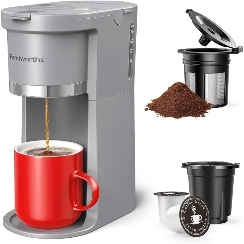 

Mini Coffee Maker Single Serve, Instant Coffee Maker One Cup for K Cup & Ground Coffee, 6 to 12 Oz Brew Sizes