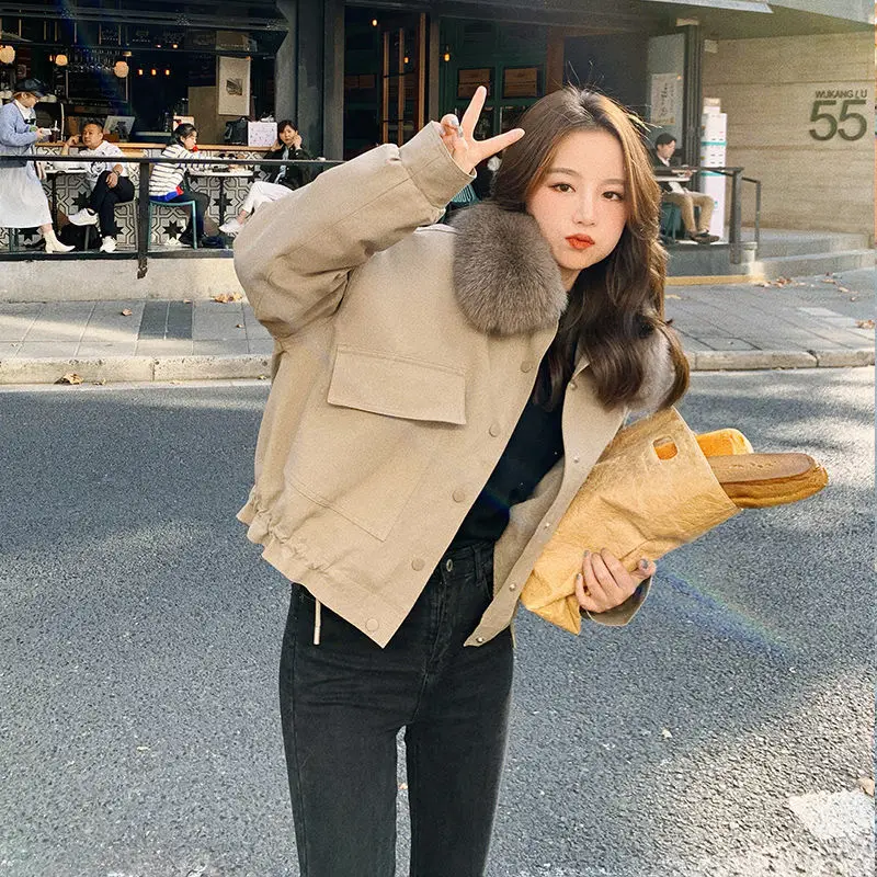 2021 Winter New Women Cropped Coat Female Warm Jacket Fashion Leisure Thick Loose Solid Casual Sweet All-Match Detachable Collar
