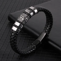 vintage mens pulseras jewelry homme stainless steel beads black brown wide genuine leather bracelets bangles