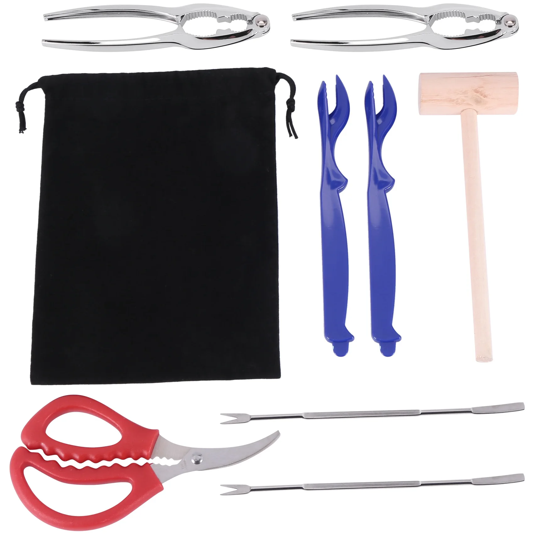 

8 Pcs Seafood Tools Set,Includes 2 Crab Crackers,2 Lobster Shells, 2 Crab Leg Forks,1 Crab Mallet and 1 Seafood Scissor