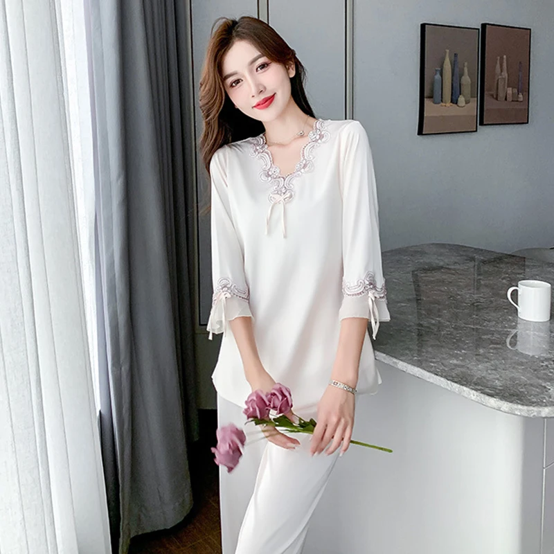 Silk Women's Pajama Set 2 Pieces Lace V Neck Solid Summer Spring Ladies Satin Sleepwear Long Sleeve Pyjama Suit For Female