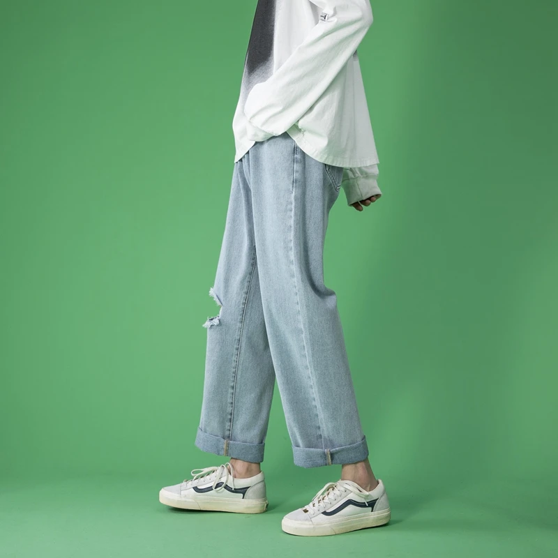 Spring Autumn New Men's Black Ripped Wide Leg Jeans Korean Style Streetwear Baggy Ankle-Length Pants Male Brand Clothing