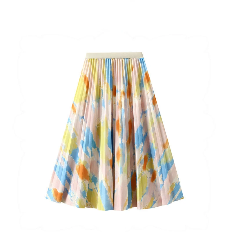 

Лето 2023, трапециевидная драпированная облегающая юбка средней длины с высокой талией, Женская плиссированная юбка с красочным принтом для женщин