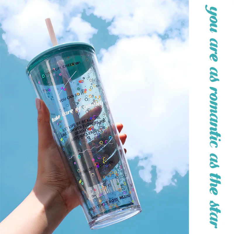 

Пластиковая соломенная чашка большой емкости, 720 мл, материал для защиты окружающей среды, с двойным сияющим геометрическим рисунком тела, милый креативный кетл