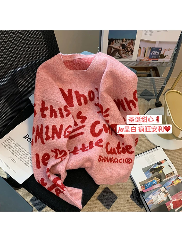 

Cute Vintage Lettered Print Women Red Color Knitted Pullover Sweater 2022 Autumn Winter Loose Female Knitwear Korean Style New