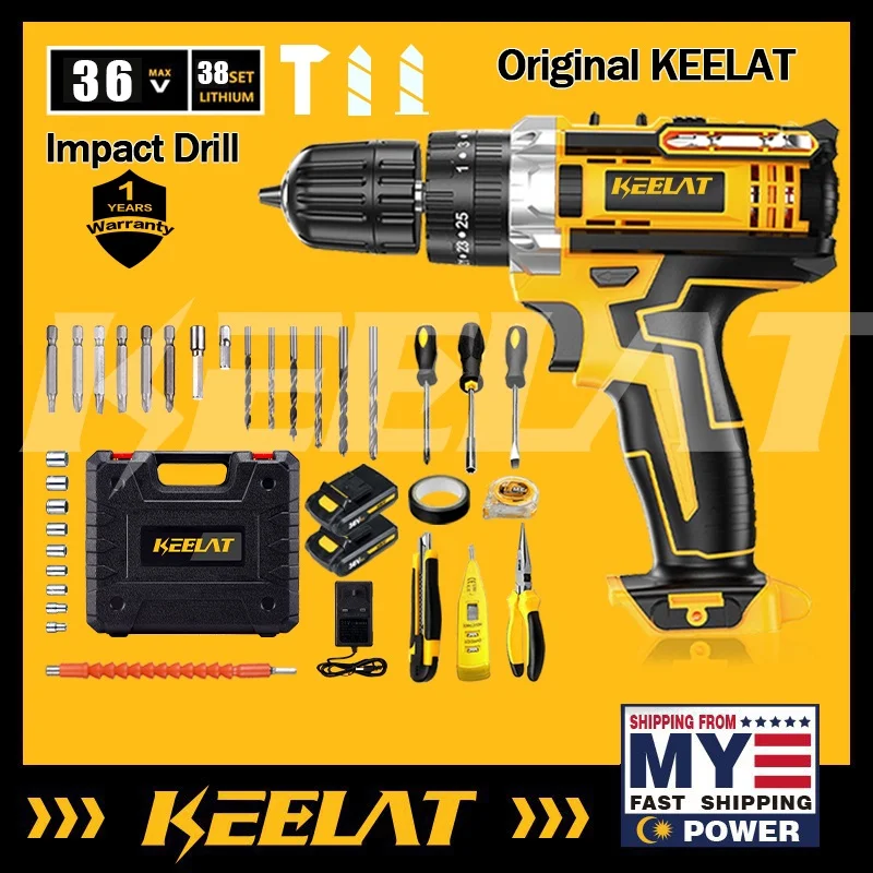 

New KEELAT Cordless Impact Drill Hammer Electric Screwdriver Portable Wall Hand Tool Set 2 Bateri Drill Gerudi 36v/98V