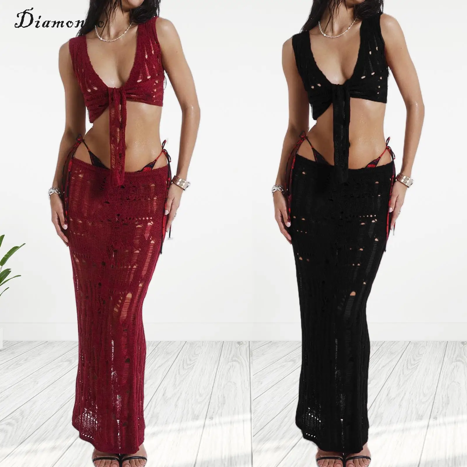 

Women Crochet Vest Top Long Skirt Slim Fit Ladies Summer Cami Top Skirt Hollow Out Navel Exposed Y2K Style Beach Outfit