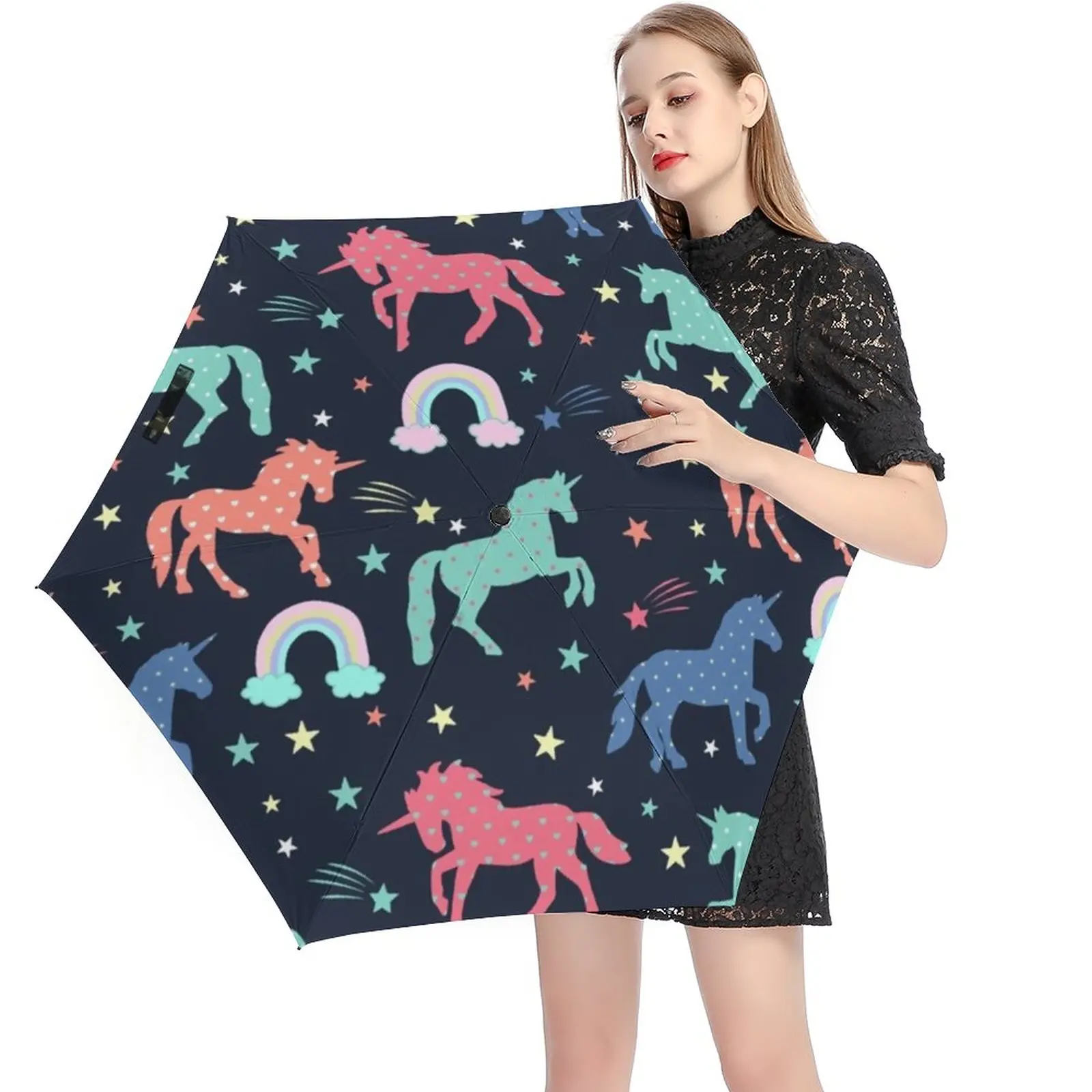 

Милый Зонт с единорогом, 5 сложений, 6 ребер, радуга, звезды, принт, Портативный Карманный Зонт, ветрозащитные зонты для мужчин и женщин