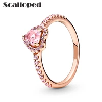 scalloped new sparkling elevated heart wedding ring women pink zircon rose gold plated engagement party anniversary jewelry