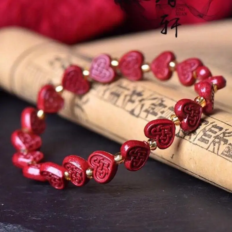 

Natural Red Organic Cinnabar Heart Bracelet Women Healing Gemstone Jewelry Cinnabrite Crystal Love Heart Beads Bangle Bracelets