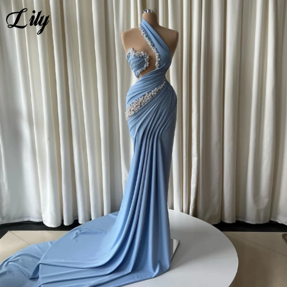 Лилино-синее очаровательное жемчужное платье русалки для выпускного вечера